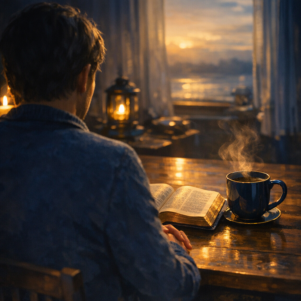 Pessoa em momento devocional simples com Bíblia e café, em clima de paz e oração