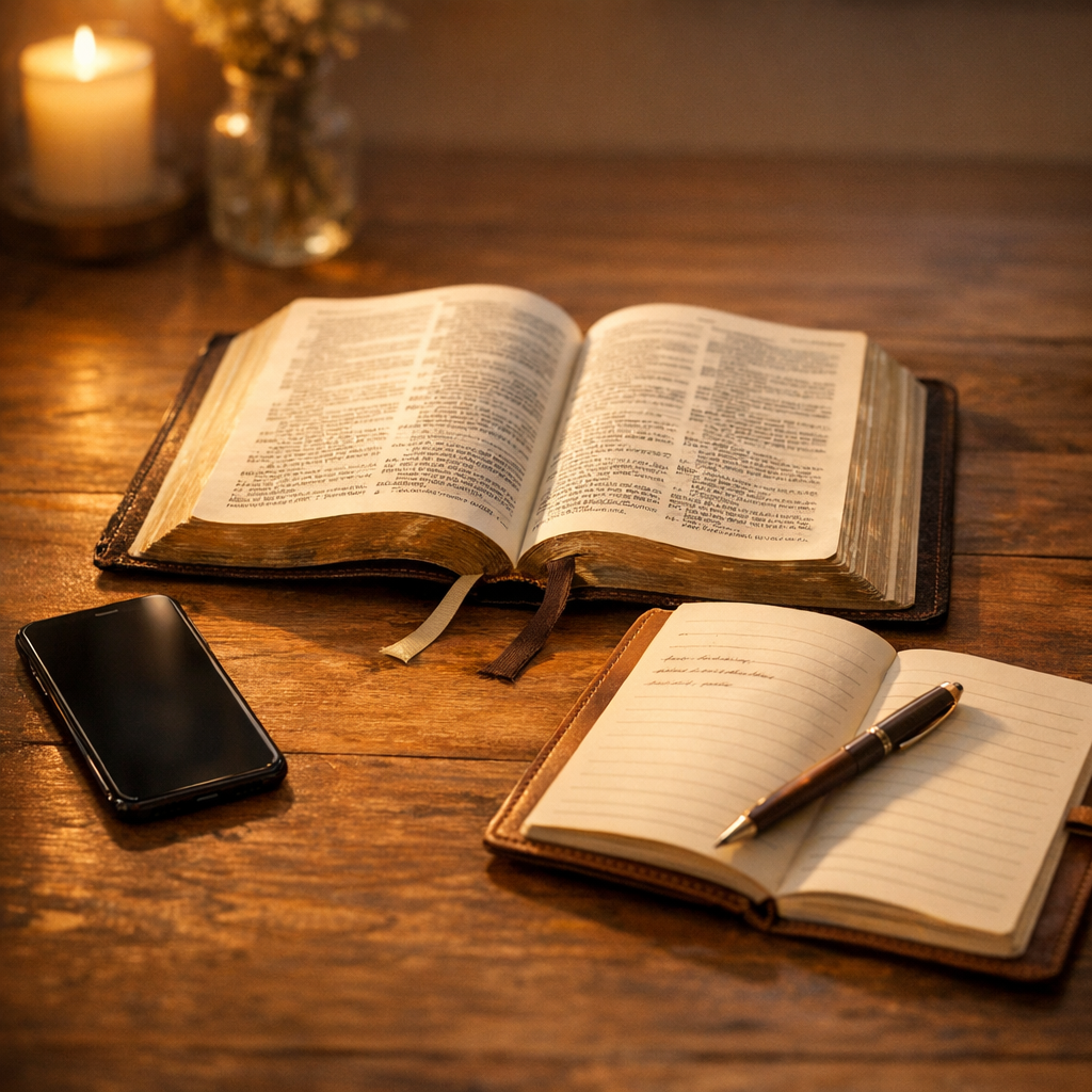 Celular ao lado de Bíblia e caderno de oração, simbolizando devocional guiado com paz de Deus