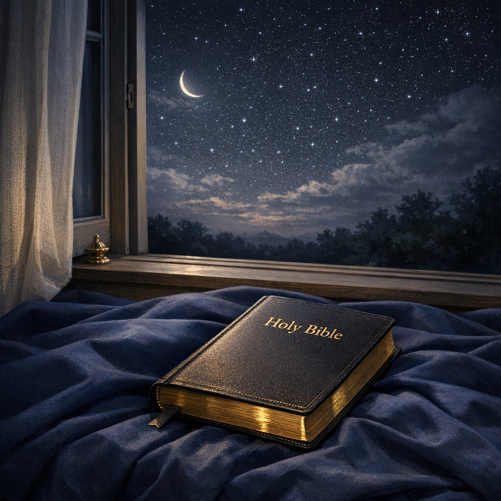 Bíblia e céu noturno representando descanso em Deus antes de dormir
