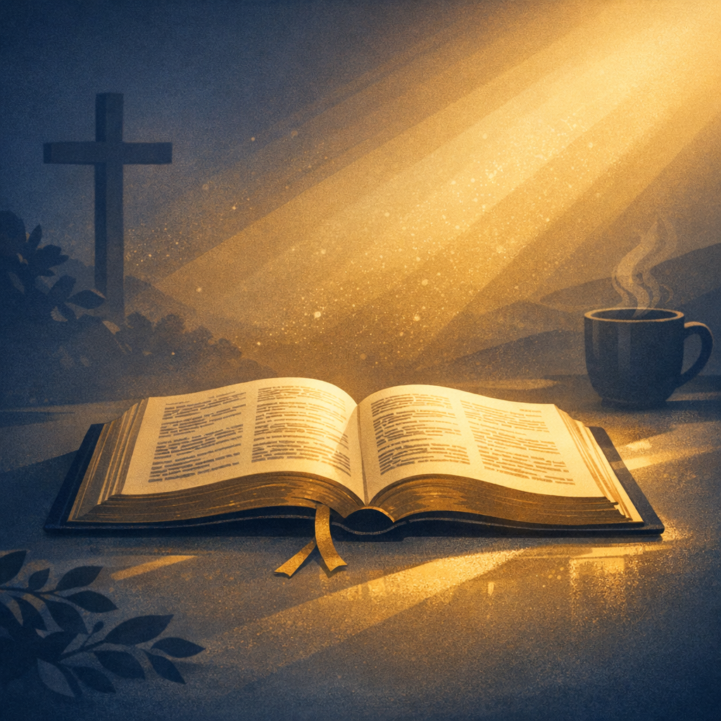 Bíblia aberta em tons navy e dourado representando paz de Deus para mente ansiosa