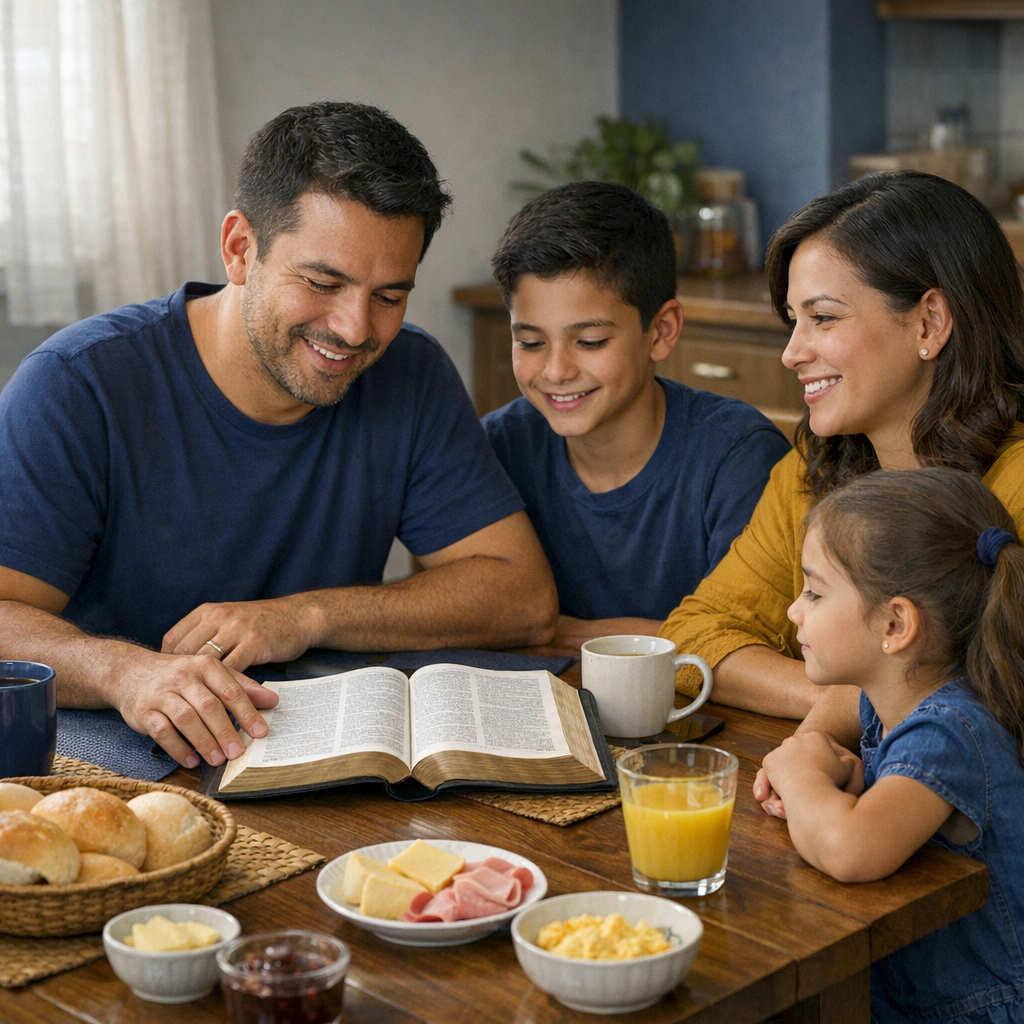 Família cristã lendo a Bíblia em casa em um ambiente acolhedor