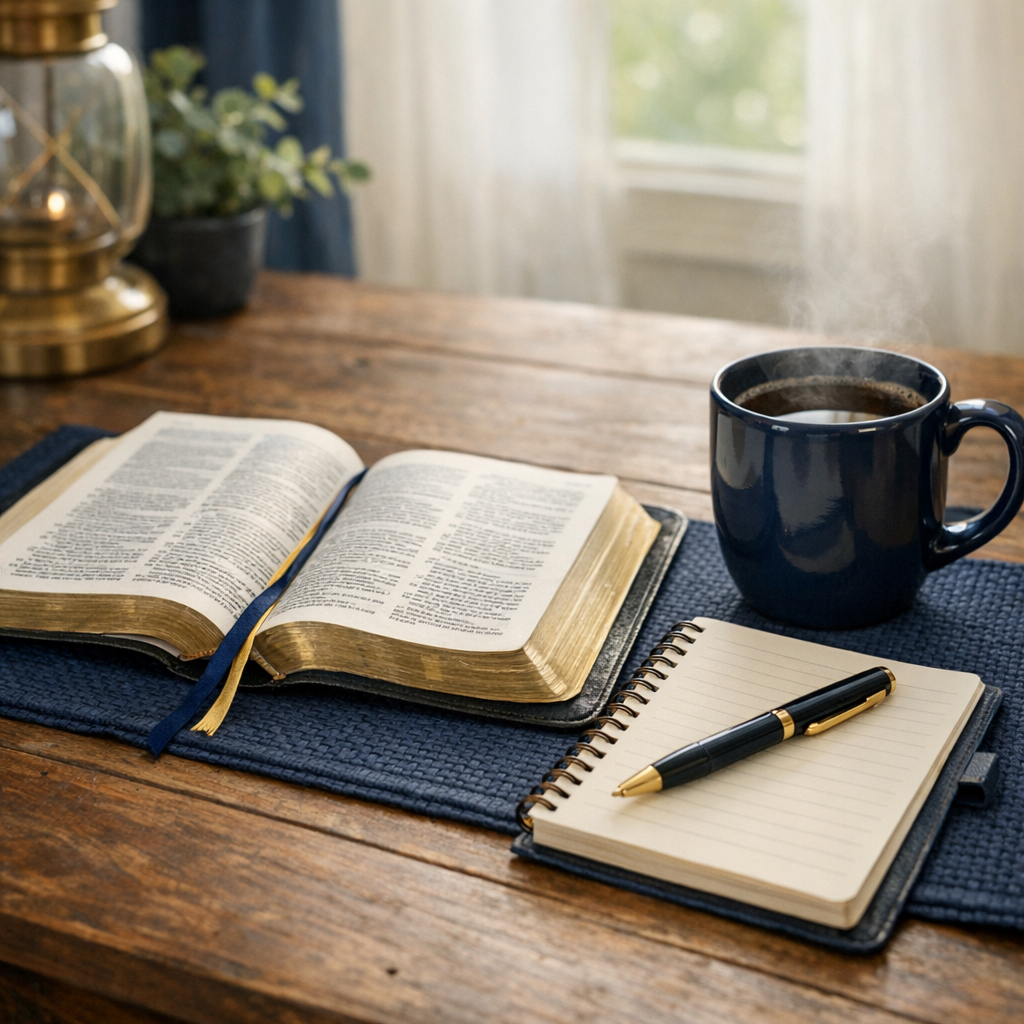 Bíblia aberta, caderno e xícara em mesa simples para rotina devocional feminina