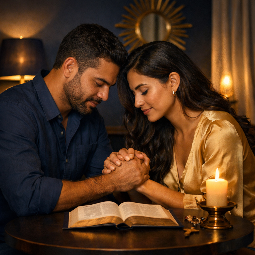 Casal orando juntos em casa, momento devocional