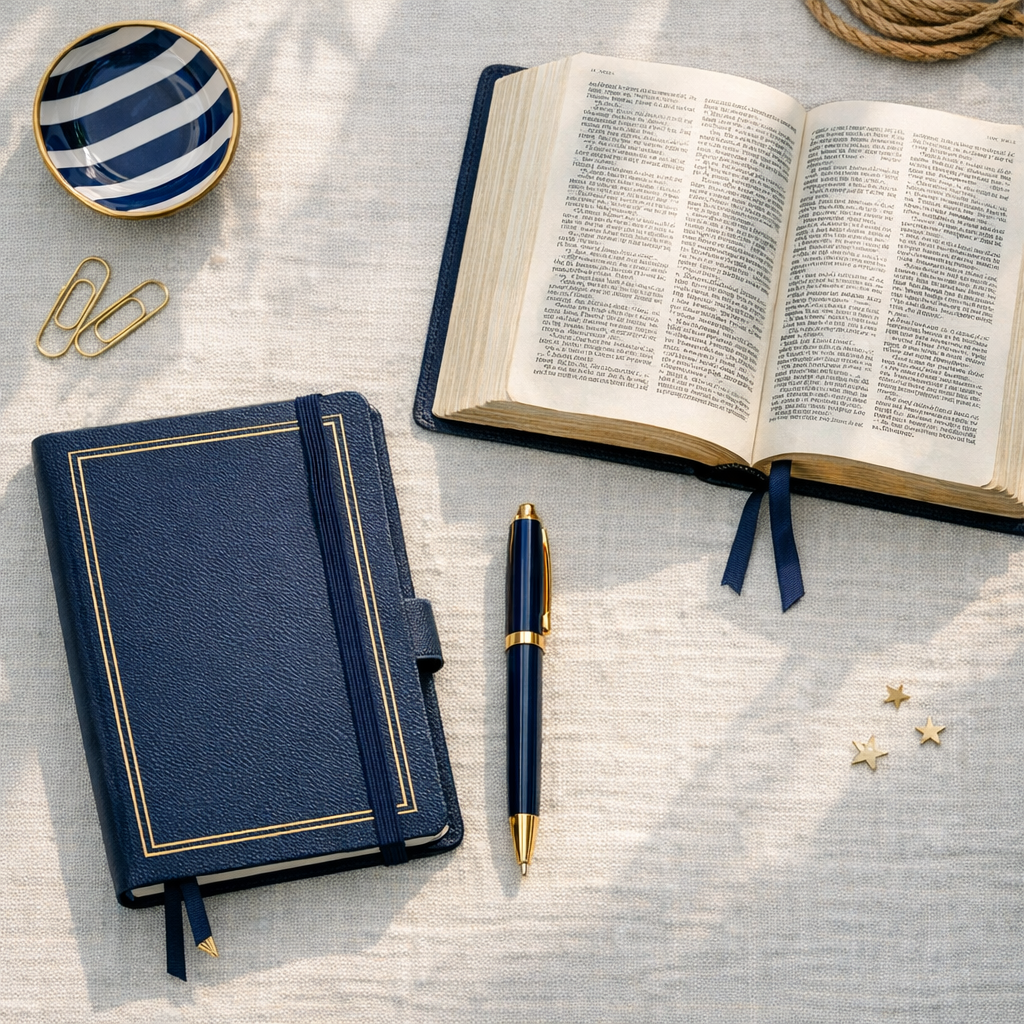 Caderno de oração diária com Bíblia aberta