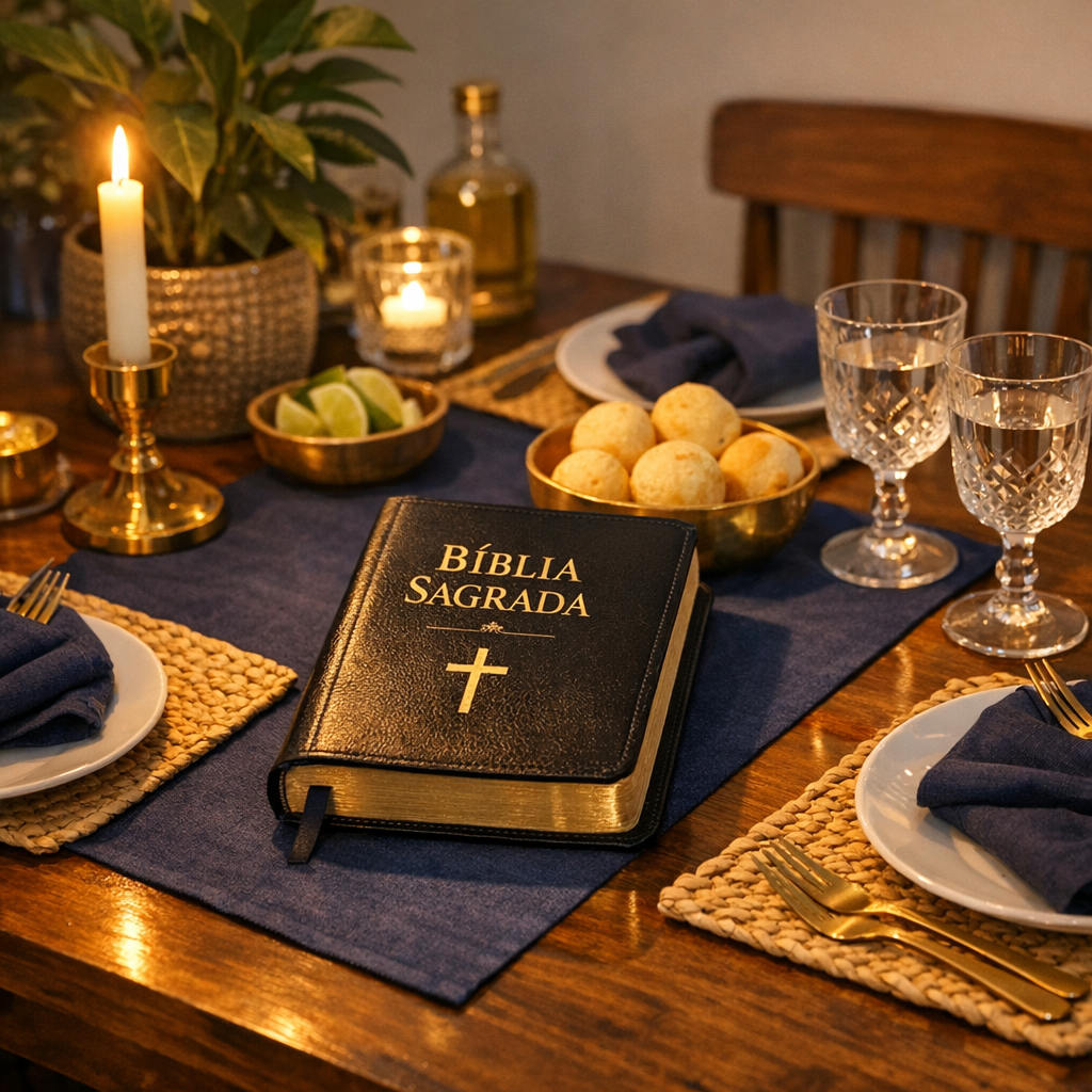 Mesa de família com Bíblia ao centro para oração em casa