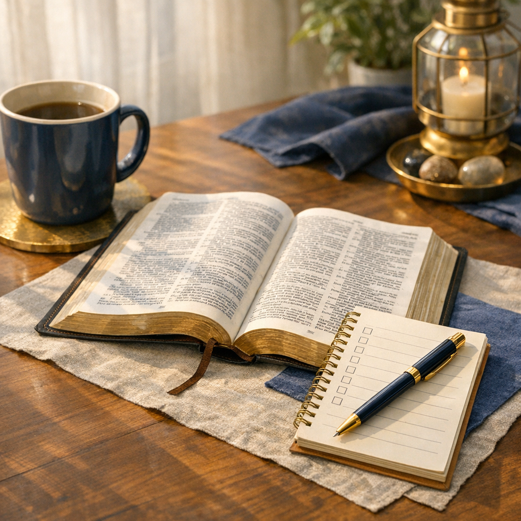 Caderno com hábitos espirituais simples ao lado de uma Bíblia