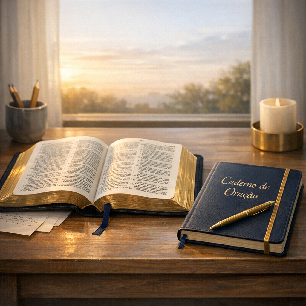 Bíblia aberta e caderno de oração representando crescimento espiritual diário