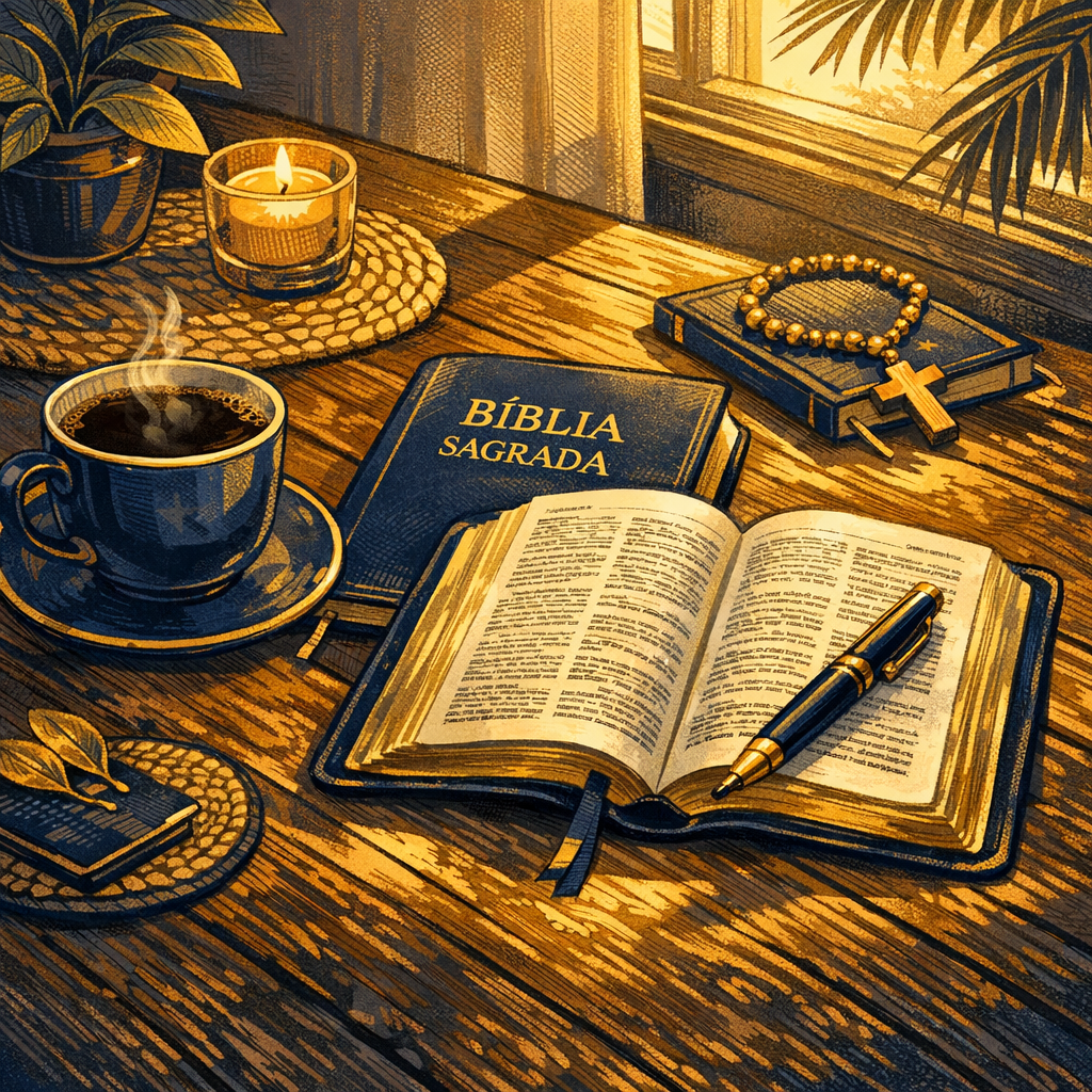 Mesa com Bíblia café e anotações para uma rotina devocional simples