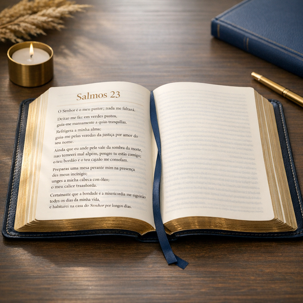 Bíblia aberta para leitura devocional de um salmo do dia