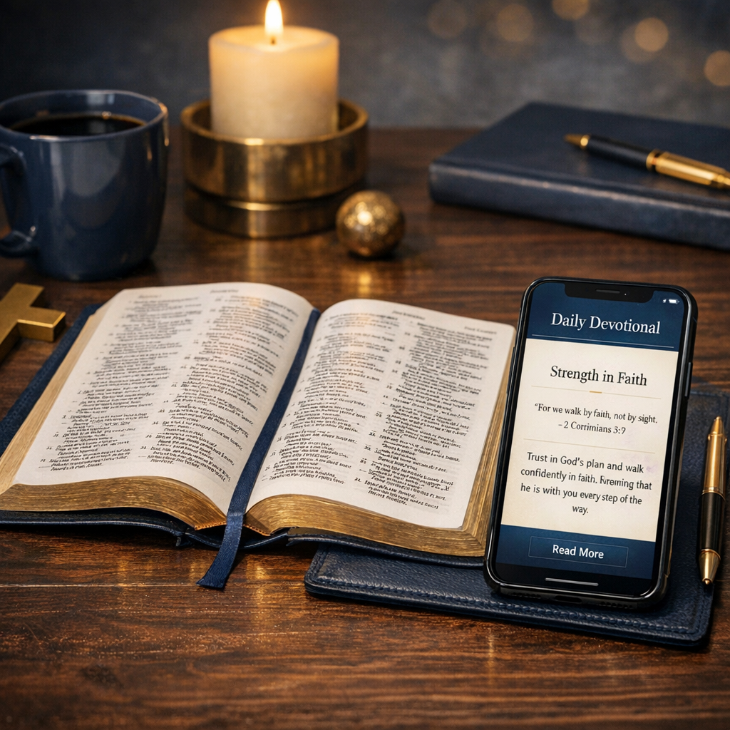 Bíblia e celular preparados para um devocional guiado sobre os Salmos